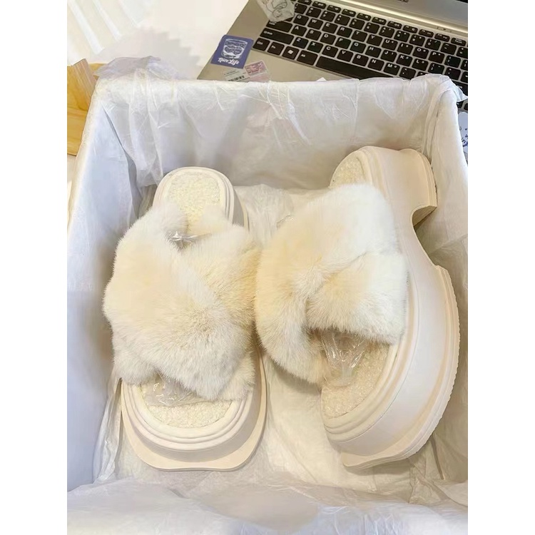 Dép Cao Gót Đế Dày Quai Ngang Phối Lông Thời Trang Mùa Thu 2022 Mới Cho Nữ