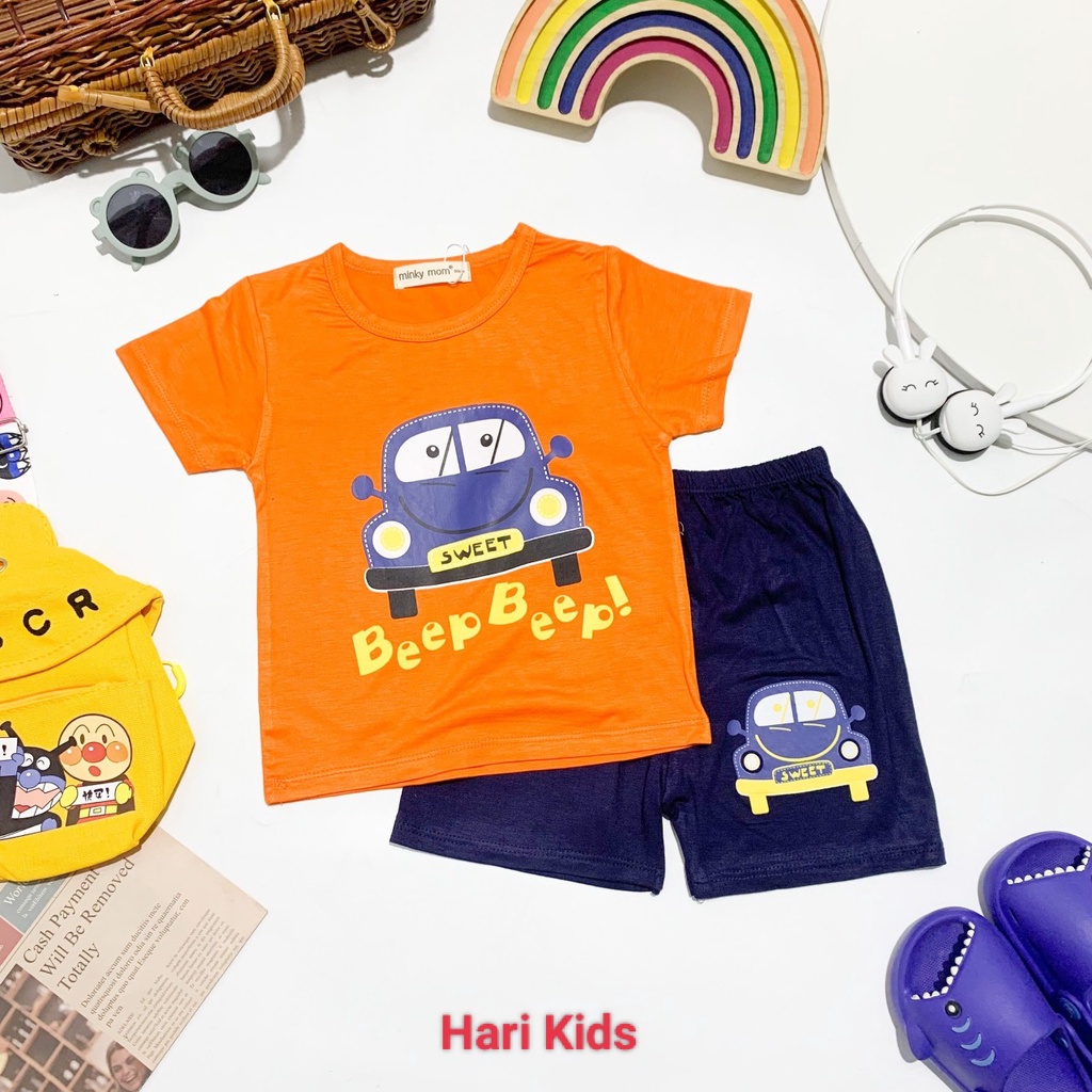 Đồ Bộ MINKY MOM Bé Trai Bé Gái (Bé 12 đến 27 ký ) Cộc Tay Thun Lạnh Ô Tô Gấu Nâu Ria Mép Cá Từ 1 - 8 Tuổi MÃ 4