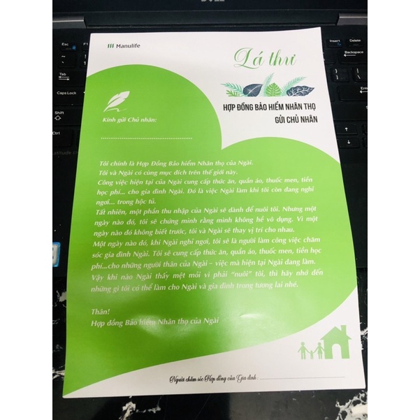 Set 100 tờ thư Hợp đồng bảo hiểm nhân thọ gửi chủ nhân kẹp hợp đồng