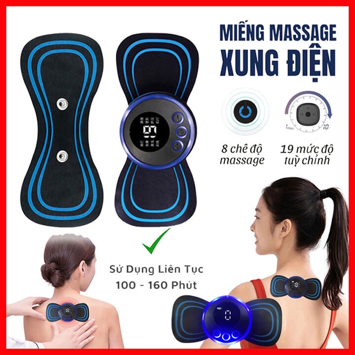 Miếng dán massage xung điện cổ vai gáy, bắp tay, lưng 8 chế độ mát-xa, Máy massage mini toàn thân 19 mức cường độ