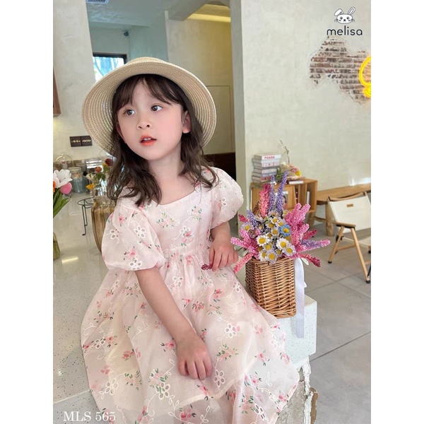 Đầm Melisa hồng hoa nhí tay bồng hồng chất tơ thêu