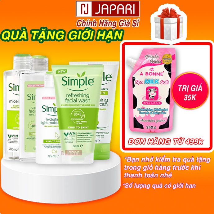 Combo Sữa Rửa Mặt Simple + Nước Tẩy Trang Simple + Toner Nước Hoa Hồng Simple + Kem Dưỡng Ẩm Simple Chính Hãng Japari