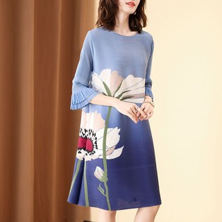 Miyake Phong Cách Sáng In Xếp Ly Mùa Hè Phong Cách Mới Thời Trang Thanh Lịch Kích Thước Lớn Mỏng Hơn Nhìn Phong Cách Phương Tây Màu Xanh In Ba Phần Tư Tay Áo Siêu Nhẹ Siêu Nhẹ