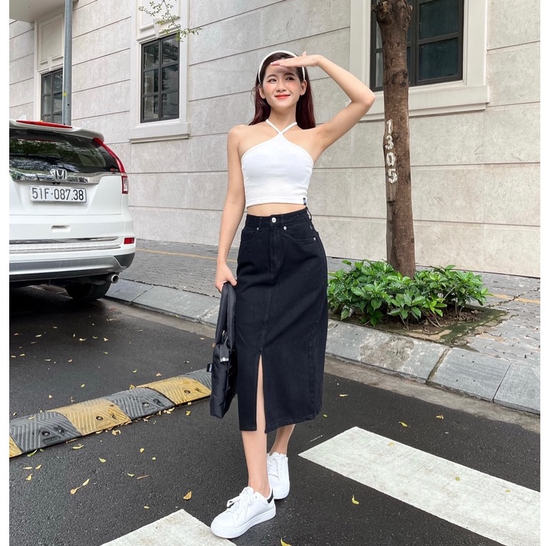 Chân váy jeans HEYBEE xẻ tà giữa  - MIDI JEANS SKIRT HJ1355