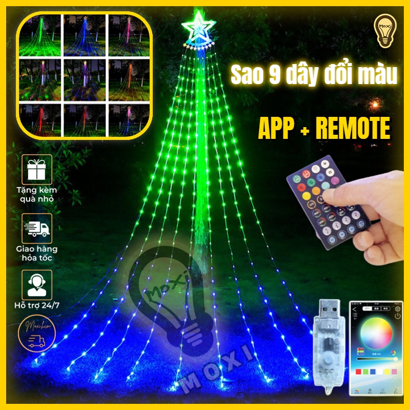 Đèn LED 9 dây thả rèm hình ngôi sao APP ĐÓM CAO CẤP dùng ĐIỆN trang trí DECOR sân vườn NOEL GIÁNG SINH TẾT MOXI.