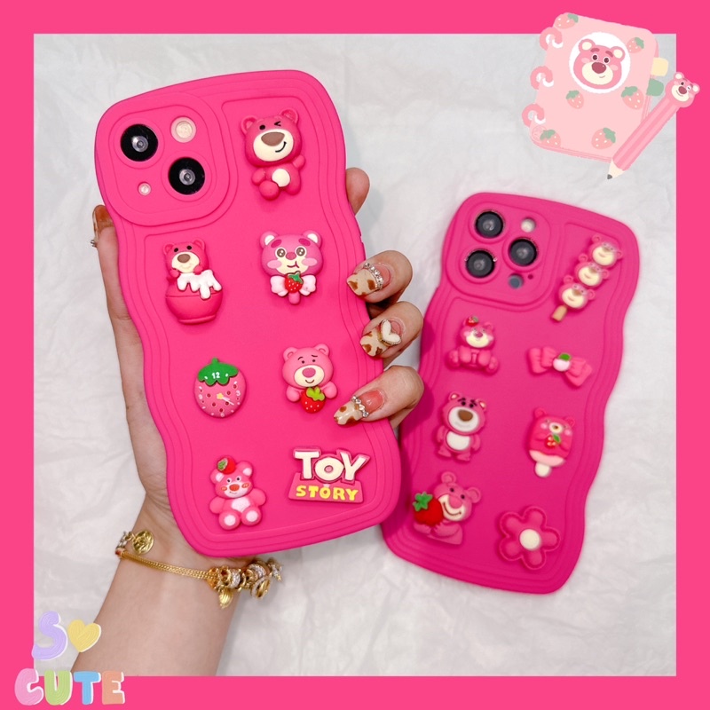Ốp lưng ip pro camera GỢN SÓNG HỒNG NEON kèm hoạ tiết gấu dâu lotso siêu cute dành cho ip