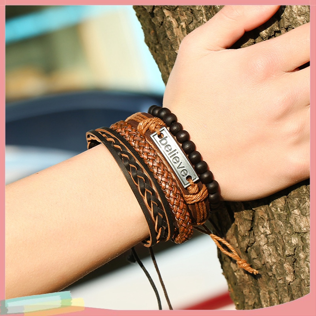 Set 4 vòng tay bện dây giả da thời trang cho nam