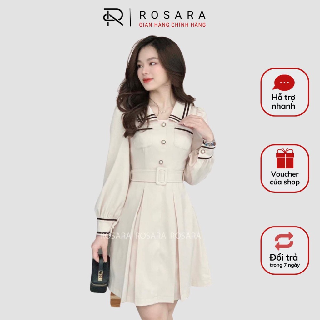 Váy Đầm Dáng Xòe Dài Tay Kẻ Viền Thời Trang Công Sở Nữ Rosara V67