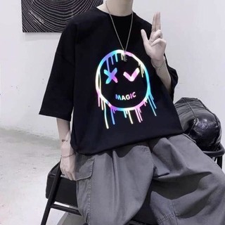 Áo thun phản quang tay lỡ nam nữ vải cotton - mặt cười