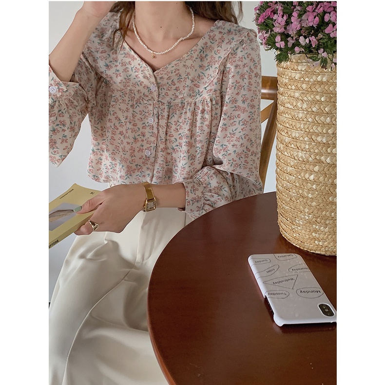 Áo sơ mi SUXI tay dài dáng rộng cổ búp bê in hoa thời trang cho nữ