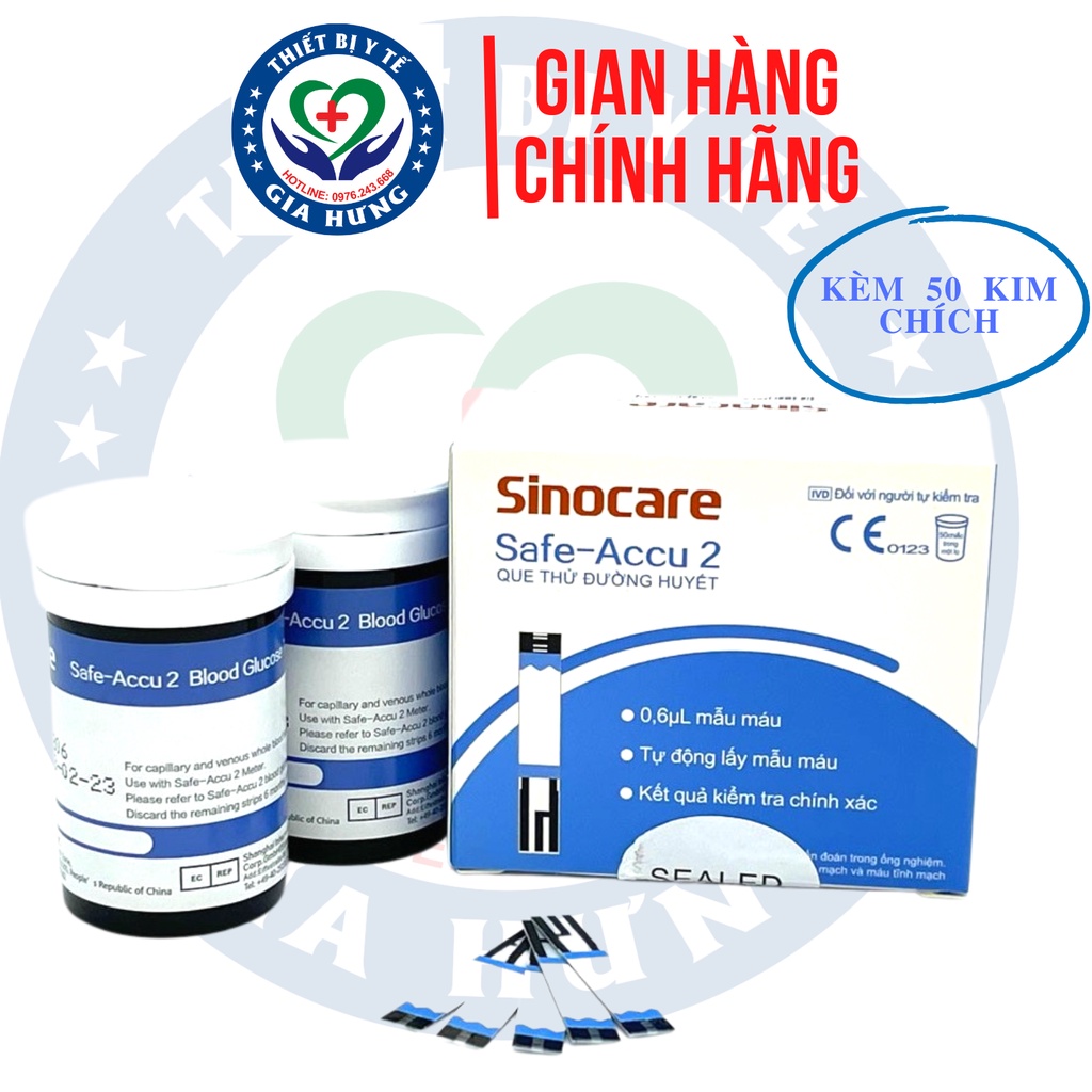 Que Thử Đường Huyết Safe Accu 2 Hộp 50 Que Tặng Kèm 50 Kim Chính Hãng Sinocare