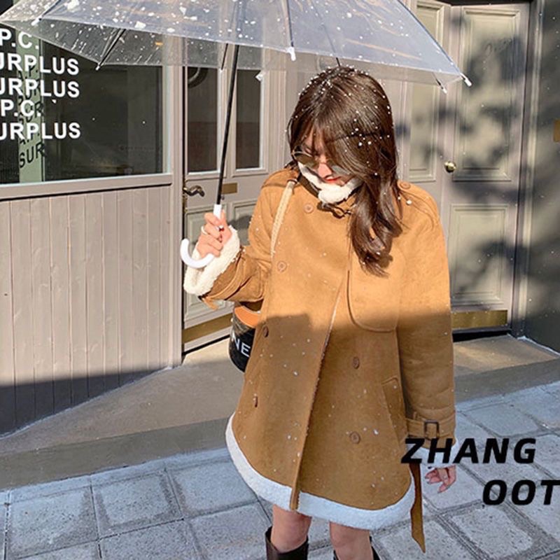 Áo khoác da lộn màu nâu dáng dài lót lông siêu ấm phong cách Hàn quốc