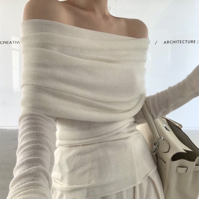 COZOKC COZOK Áo thun dệt kim COZOK trễ vai mỏng dài tay