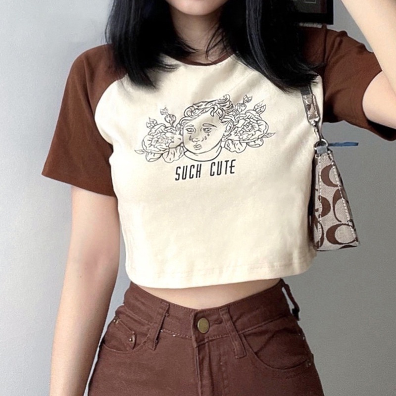 IELGY   IELGY   Áo Thun Tay raglan Cổ Tròn Màu Nâu retro Mỹ Cho Nữ