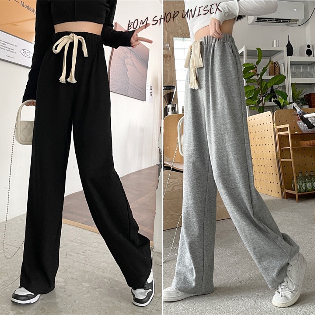 Quần Ống Rộng Nỉ Bom House Quần Dài Ống Suông Cạp Chun Lưng Cao Dây Rút Chỉnh Eo Trendy