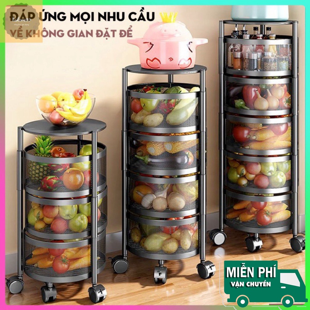 Kệ bếp đa năng , kệ xoay tròn nhà bếp đựng rau củ quả có bánh xe 3 4 5 tầng chắc chắn tiện lợi thông minh