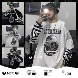 (Sẵn Trắng, Đen) Áo thun dài nối tay 95% cotton phối sọc unisex nam nữ