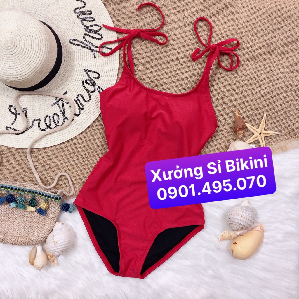 [Đồ bơi liền mảnh 2023] Bikini 1 mảnh đi biển hở lưng cột nơ DÂY NHỎ màu đỏ TRƠN sành điệu