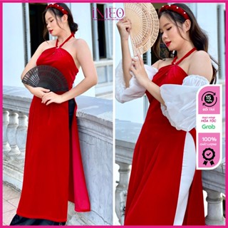 Set bộ áo dài yếm, áo dài cách tân phối tay rời, áo dài nhung đỏ Tết (kèm 2 tay rời mặc được nhiều kiểu)