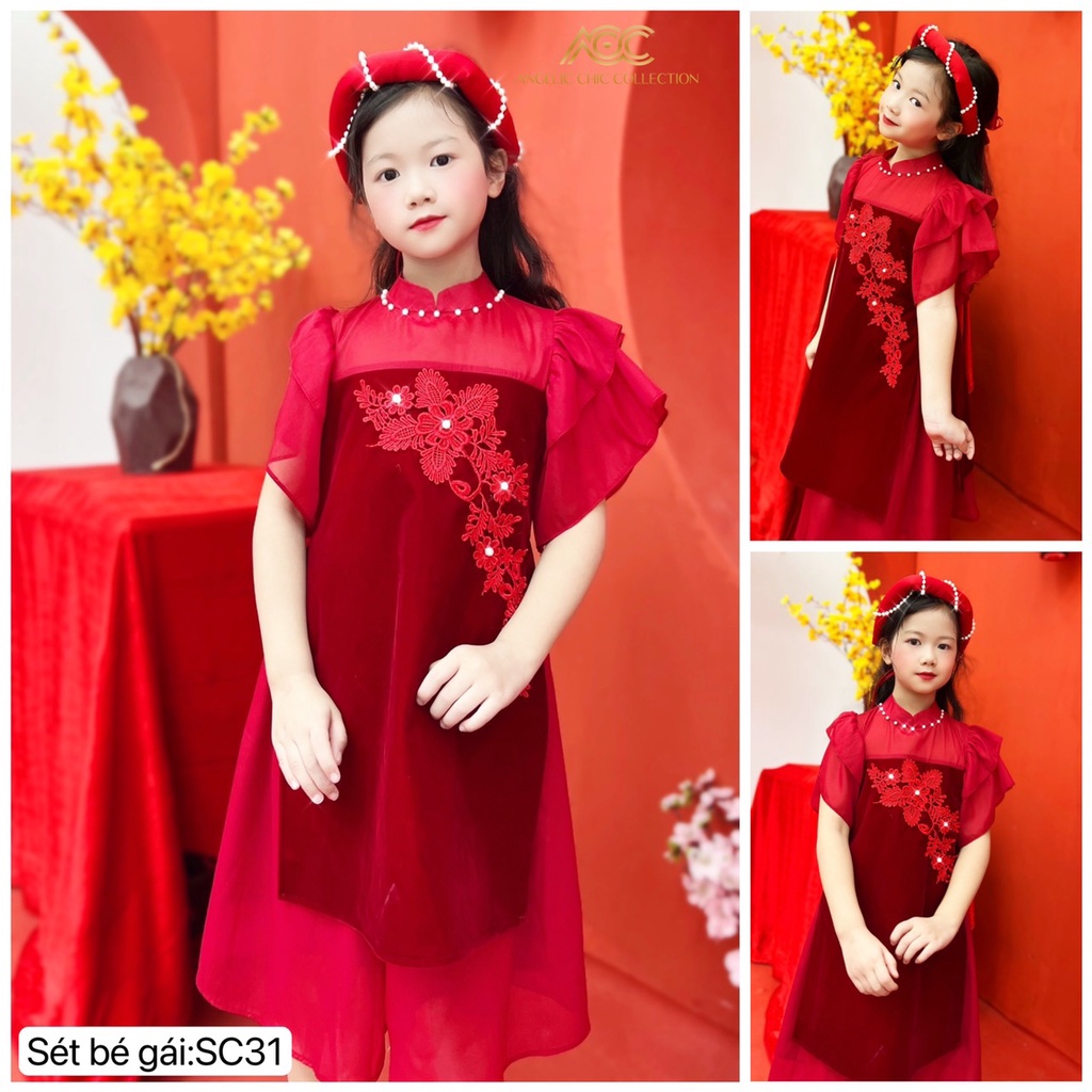 Set áo dài đỏ cho bé gái nhung phối voan thiết kế cao cấp SC31- DVC