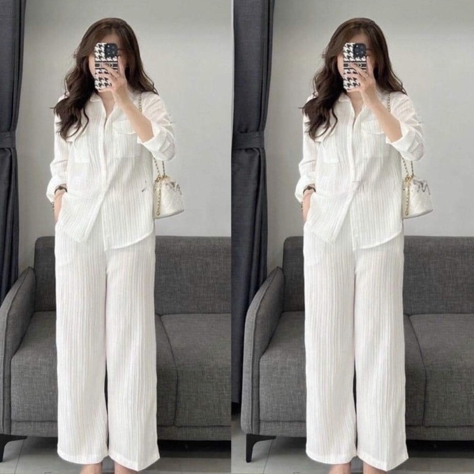 Sét bộ nữ cổ sơ mi tay dài quần ống rộng thoải mái trẻ trung năng động