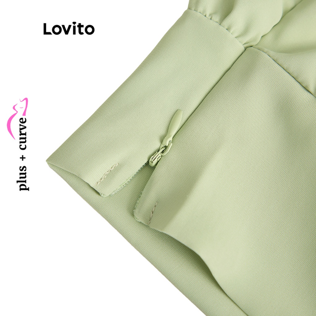 Set đồ Lovito với quần short màu trơn có dây thắt lưng xếp nếp tôn dáng dành cho nữ plus size LPS06017 (xanh lá nhạt)