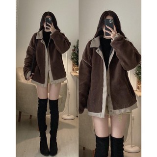K0995 Áo khoác lông phối caro lót chần bông dáng rộng AUDREY