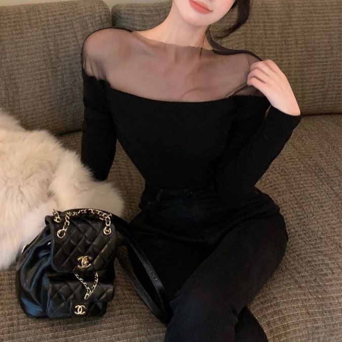 Áo Thun Tay Dài Phối Lưới Thiết Kế Mới Thời Trang Mùa Thu Cho Phái Nữ