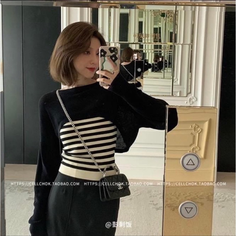 Set Áo hai dây len kiểu nữ sọc viền kèm áo khoác cardigan tay dài cánh dơi oversize đen - Order taobao quảng cháo