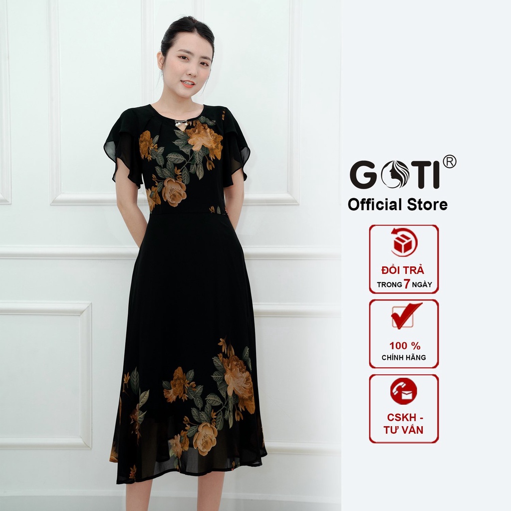 GOTI - Đầm Xòe Dáng Dài Quý Bà Kiều Đầm Xòe Trung Niên Size Lớn In Hoa Có Size Cho Người Mập 3339 3362