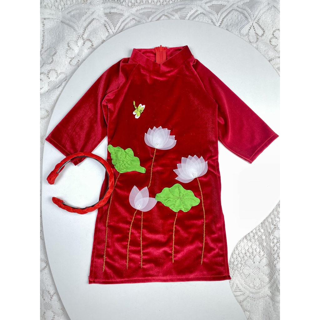Áo dài nhung cho bé mặc tết kèm quần lụa vấn đội truyền thống cách tân thêu hoa sen thiết kế vải mềm đẹp có size to đại