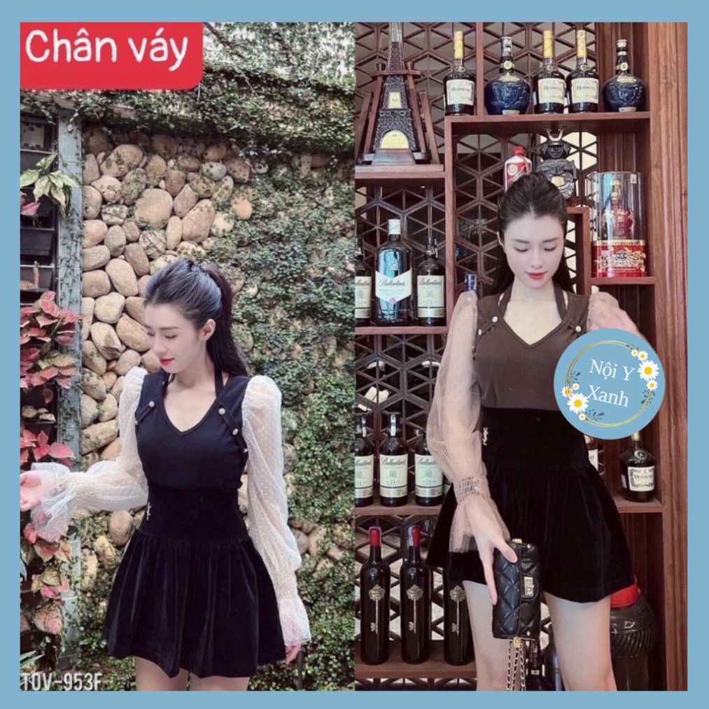 Chân váy nhung nữ ngắn xòe đi kèm đai YS vương quyền Nội Y Xanh hot trend thu đông ấm áp