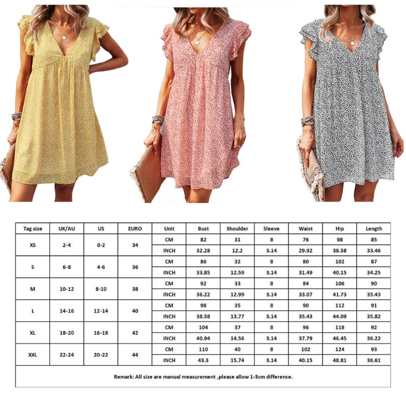 Đầm Chiffon Dáng Chữ A Cổ Chữ V Tay Bèo In Họa Tiết Hoa Xinh Xắn Cho Nữ