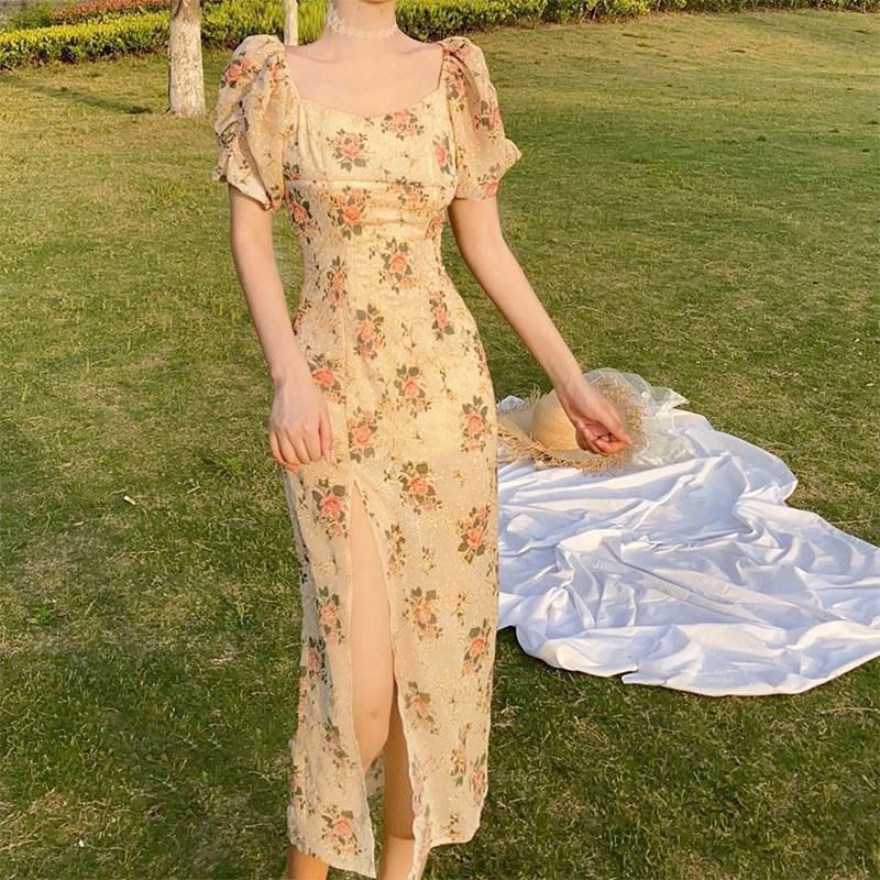 Đầm Hoa Cổ Vuông Tay Phồng Thời Trang Mùa Hè Pháp 2023 Mới