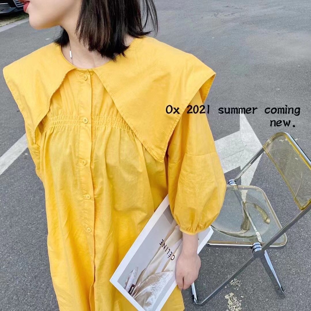 Happy-store ❤️ Đầm babydoll dáng rộng thời màu vàng chanh trang phong cách Hàn Quốc cho nữ Dài tay