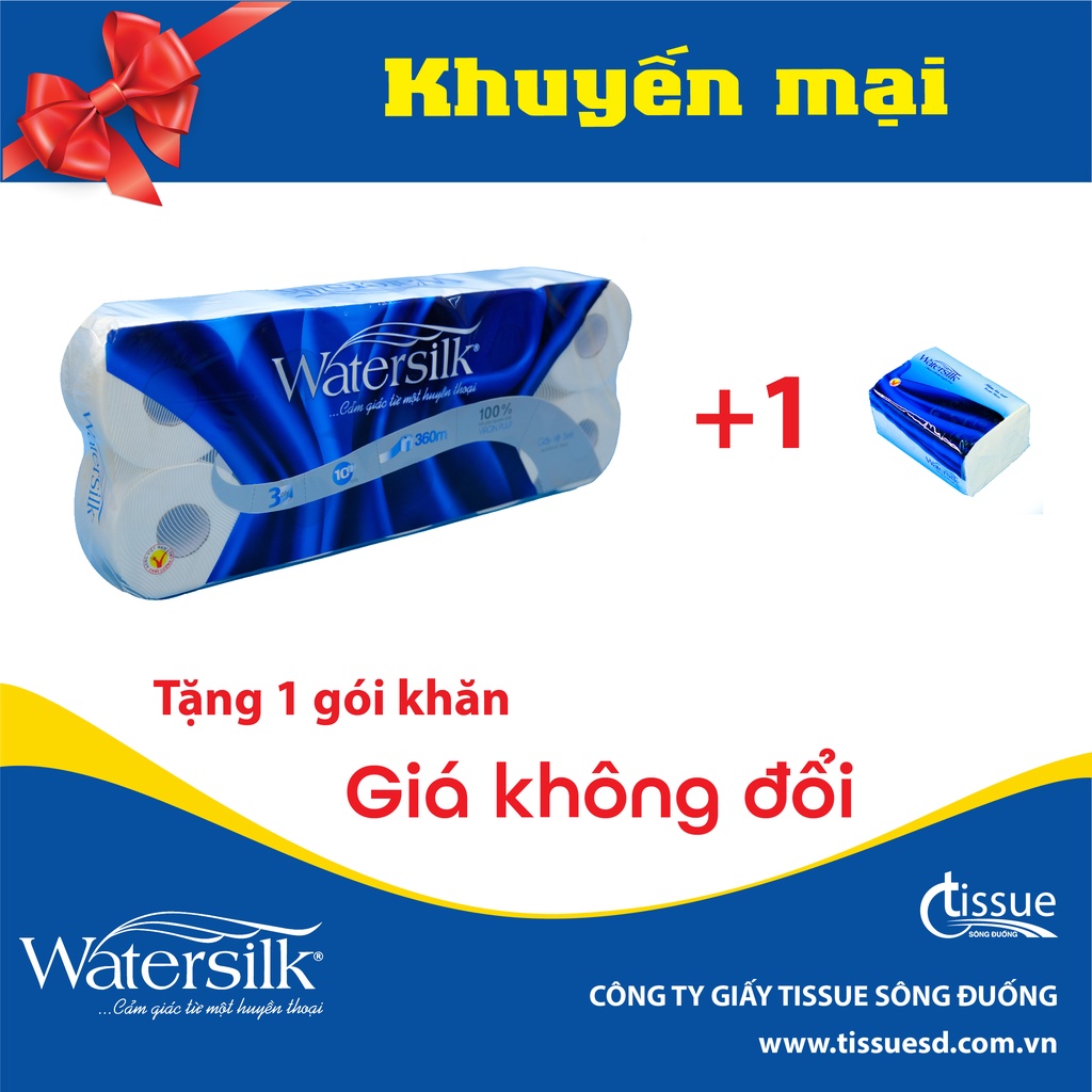 Giấy Vệ Sinh Watersilk 36m V 10 Cuộn 3 Lớp Có Lõi Cao Cấp (Tặng khăn gọi khăn giấy cao cấp)