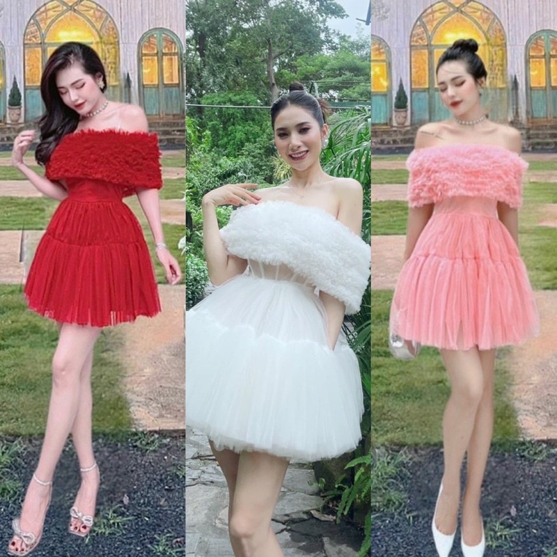 Đầm lưới bèo đỏ hồng trắng bẹt hở trễ vai, váy ngắn xoè tiểu thư công chúa sang trọng quý phái đi chơi dự tiệc sinh nhật