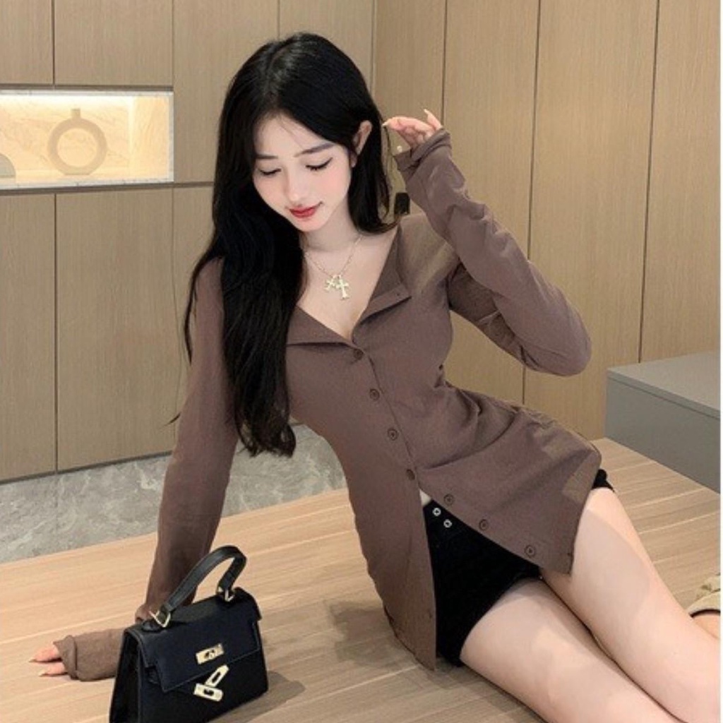 Áo kiểu tay dài PINKSTORE29 có cúc cài, cổ kiểu bẻ dáng ôm body gợi cảm A5557 | BigBuy360 - bigbuy360.vn