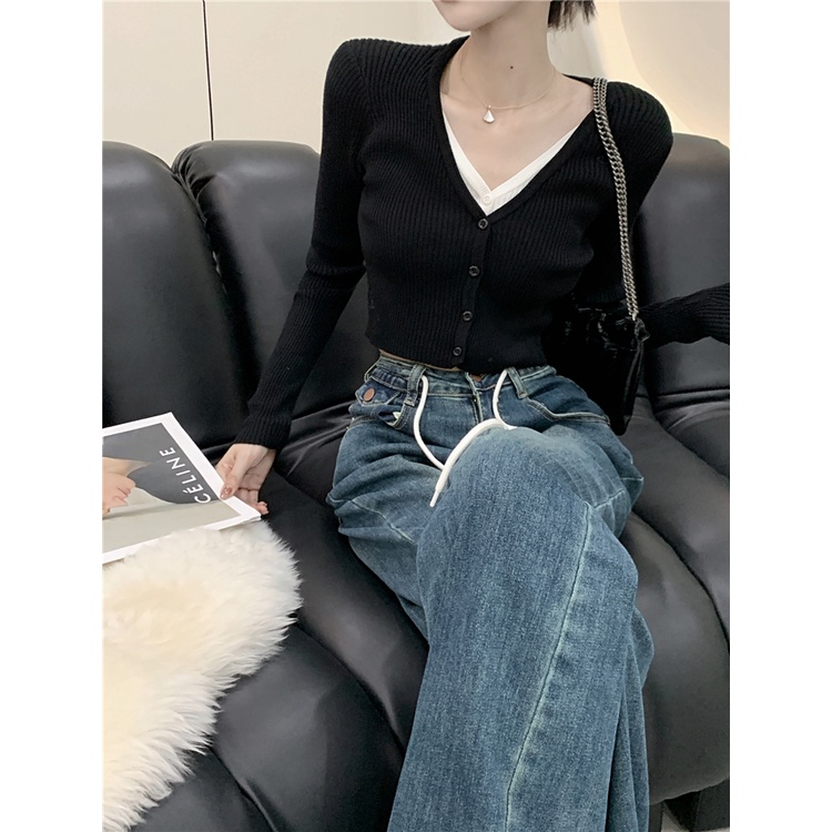 Áo croptop SUXI dệt kim tay dài cổ chữ V dáng ôm phong cách Hàn Quốc cho nữ