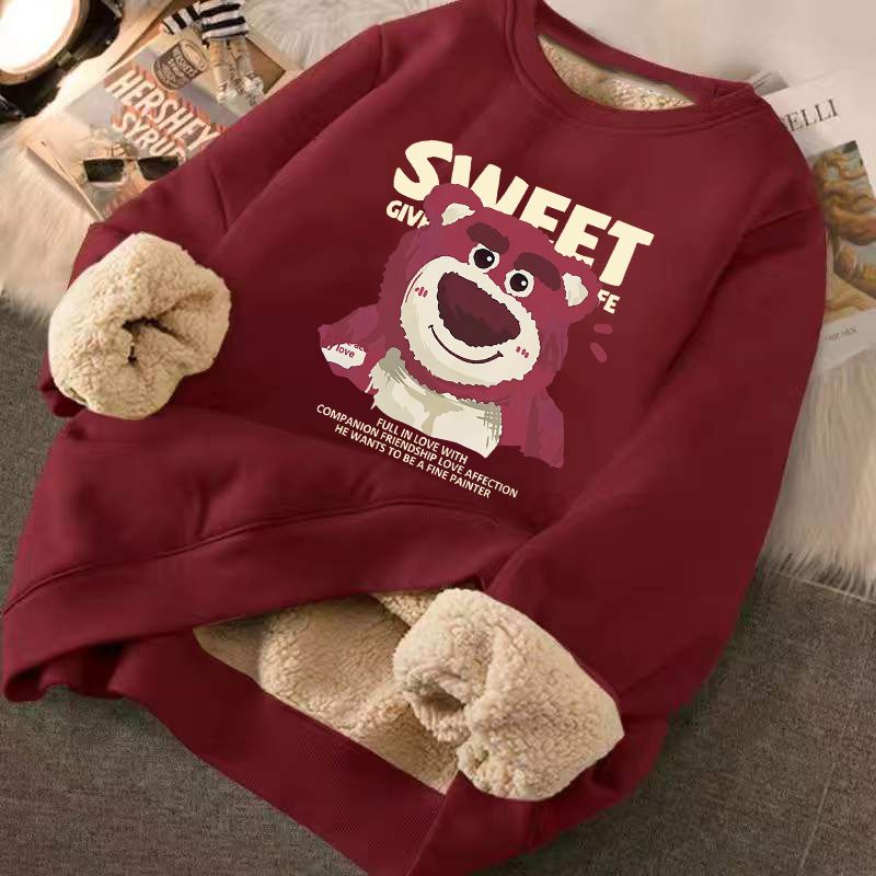 [Hàng Có Sẵn] Áo Sweater Lông Cừu Tay Dài Dáng Rộng Cổ Tròn In Hình Gấu Dâu Tây Phong Cách Hàn Quốc Mới