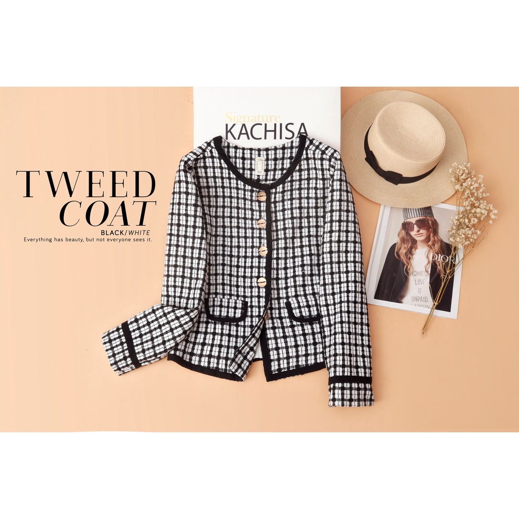 Áo khoác tweed caro trắng đen phối viền KACHISA lót lụa sang trọng 781