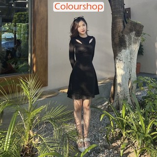 Đầm thun gân tay dài nhún thân trước khoét lỗ hai bên