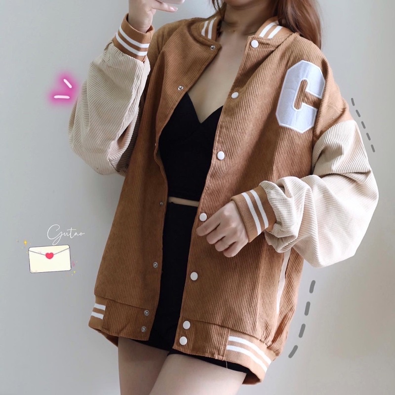 Áo khoác bomber jacket varsity nam nữ màu nâu, chất nhung tăm cao cấp 2 lớp- phong cách hàn quốc GUTAO