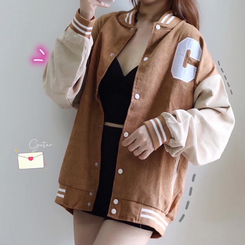 Áo khoác bomber jacket varsity nam nữ màu nâu, chất nhung tăm cao cấp 2 lớp- phong cách hàn quốc GUTAO