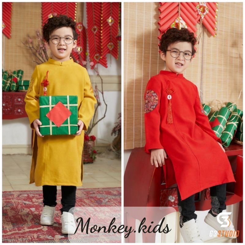 Áo dài cách tân bé trai thêu tay MONKEY KIDS
