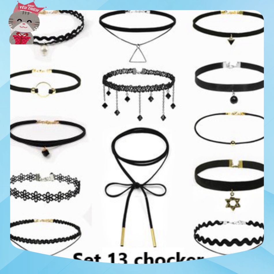 Set 13 vòng cổ choker thời trang chocker đeo cổ siêu xinh đẹp Choker nữ, Dây chuyền nữ màu đen cá tính