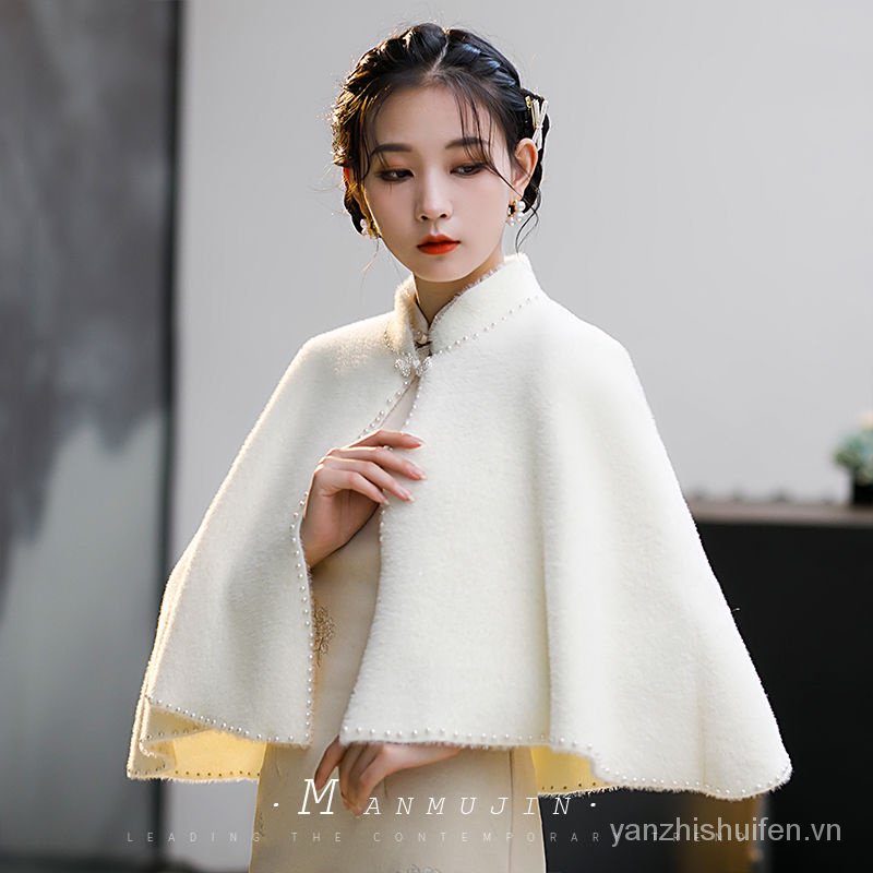 Áo Choàng Sườn Xám Vải Lông Cừu Đính Ngọc Trai Thời Trang Thu Đông Ấm Áp