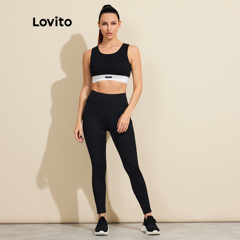Quần legging Lovito màu trơn có túi dáng ôm thoáng khí phong cách thể thao cơ bản L18X702