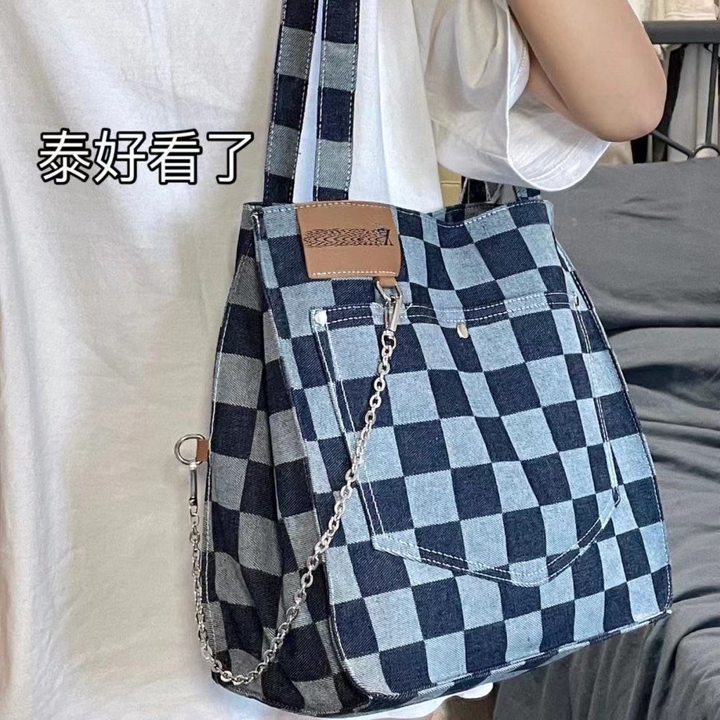 Túi Xách Canvas Cỡ Lớn Họa Tiết Sọc Caro Thời Trang Cho Học Sinh