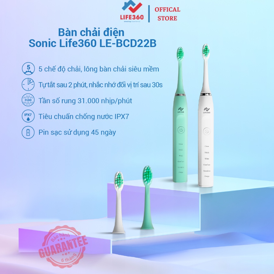 [MUA 1 ĐƯỢC 2] Bàn Chải Điện Sonic Life360 LE-BCD22B - Chải Sạch Mảng Bám Tới 10 Lần, Chống Nước IPX7 - Trắng & Xanh